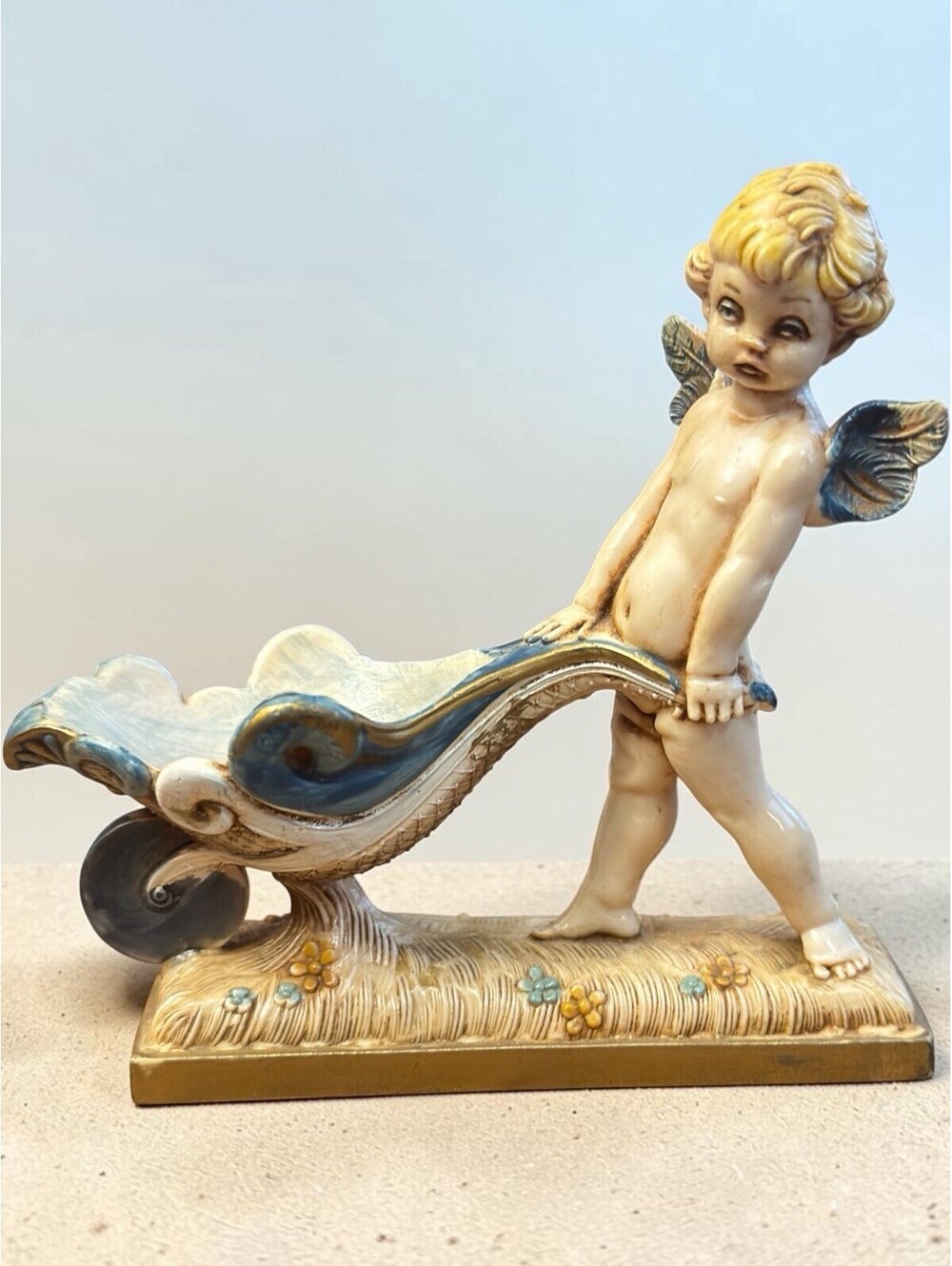 Vintage FONTANINI Depose Italy Hand Painted Cherub Garden Nymph Wheelbarrow #187
